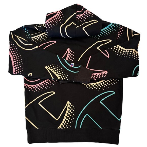 NWOT Champion Classic Fleece Hoodie – Black with Multicolor Graphic Print Size M - Picture 2 of 8